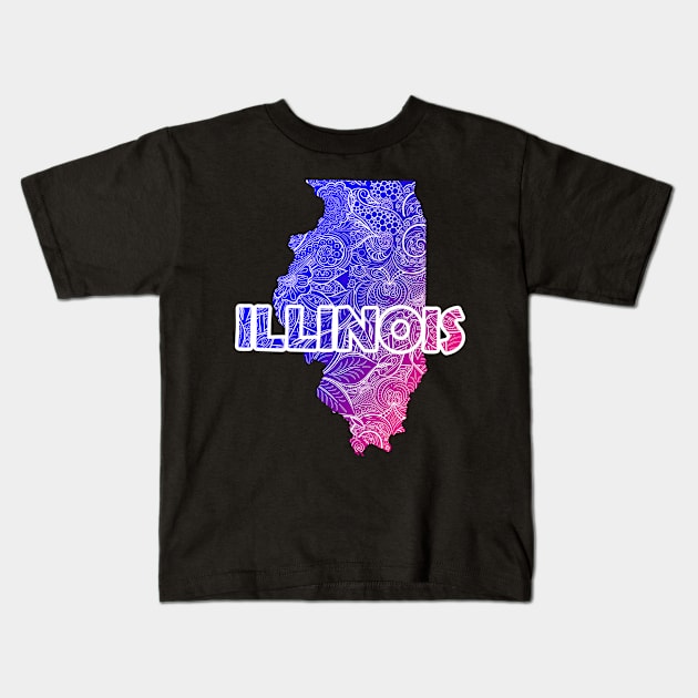 Colorful mandala art map of Illinois with text in blue and violet Kids T-Shirt by Happy Citizen